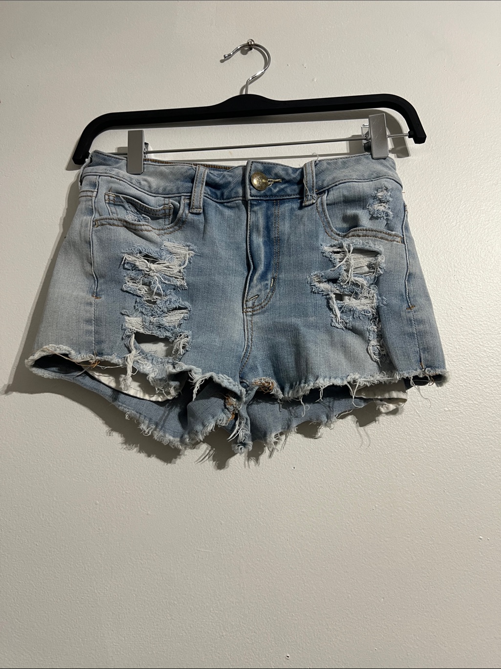 American Eagle Outfitters Light Blue High-Waist Distressed Denim Shorts